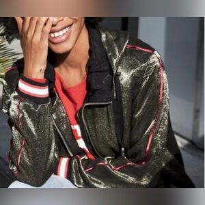 Free People Shimmery Metallic Double Zip Hooded Bomber Jacket